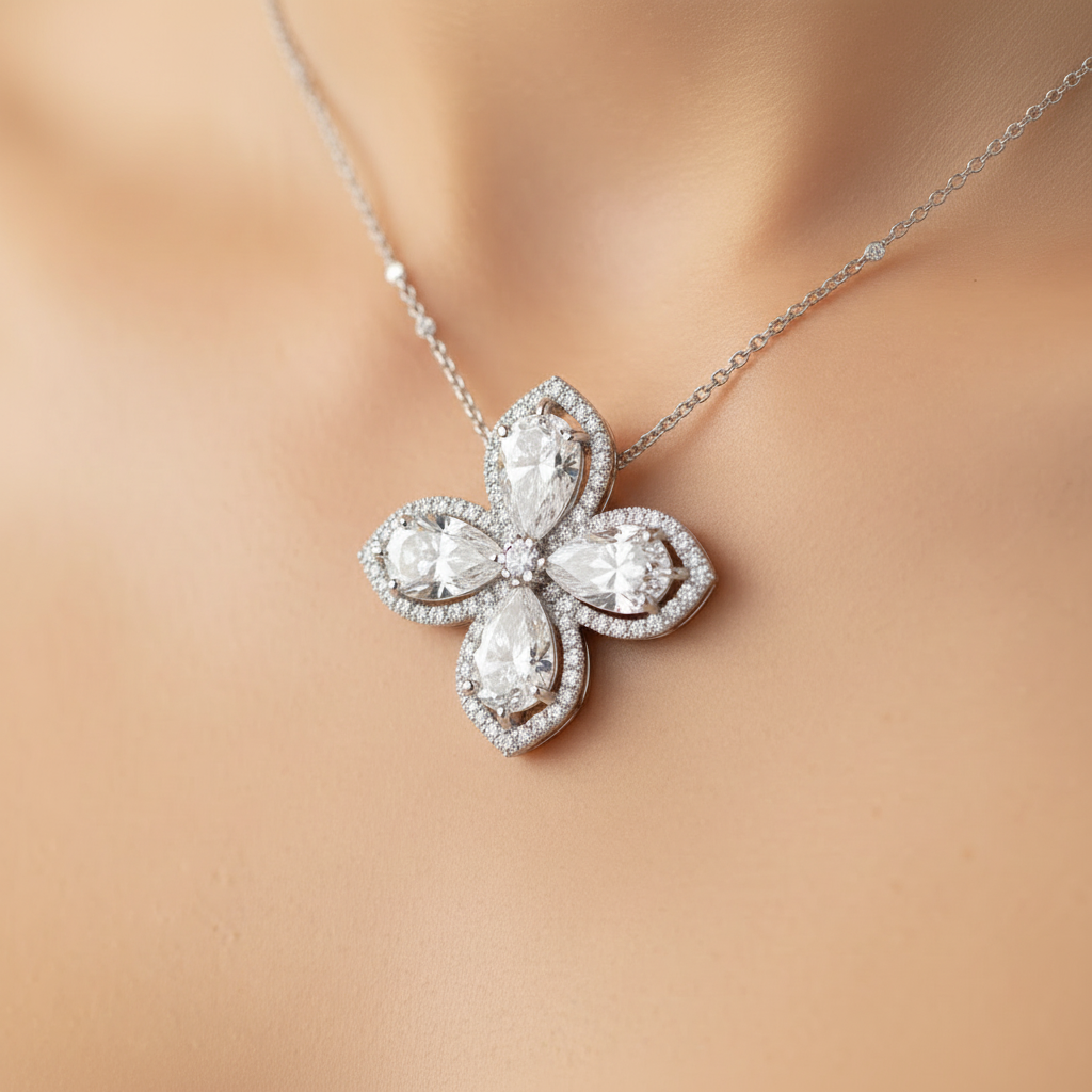Close-up detail of pear-cut flower pendant necklace with white diamond finish
