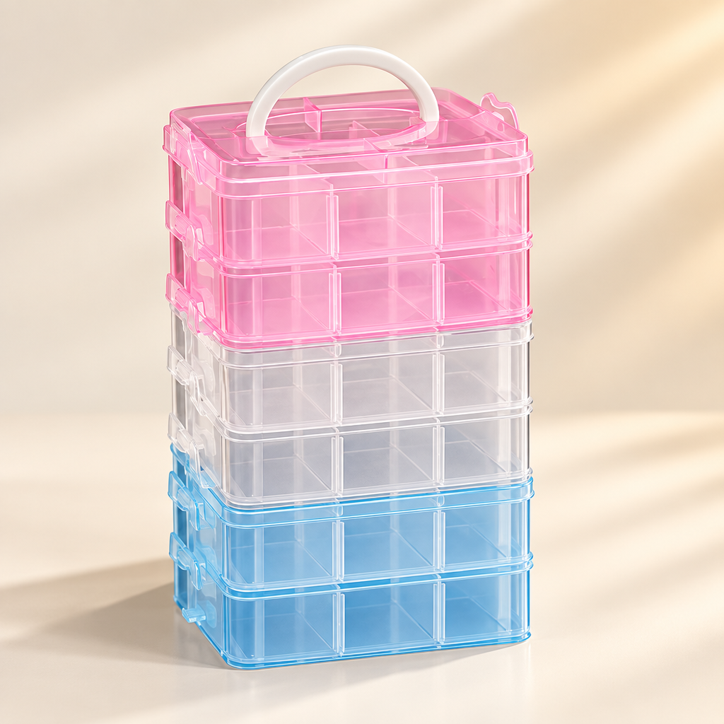 Stackable clear jewellery organizer box with pink, clear, and blue compartment tiers and carry handle