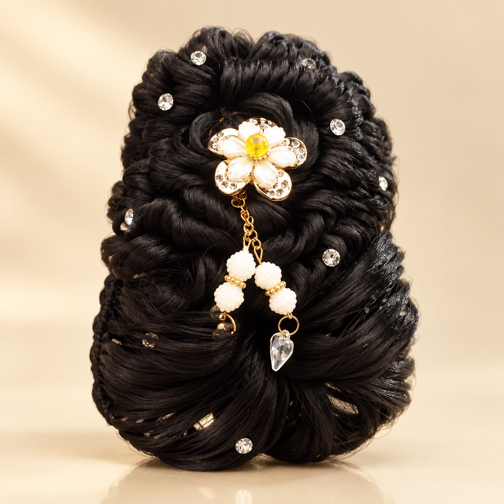 Black floral hair bun catcher with white flower and dangling beads on ivory background