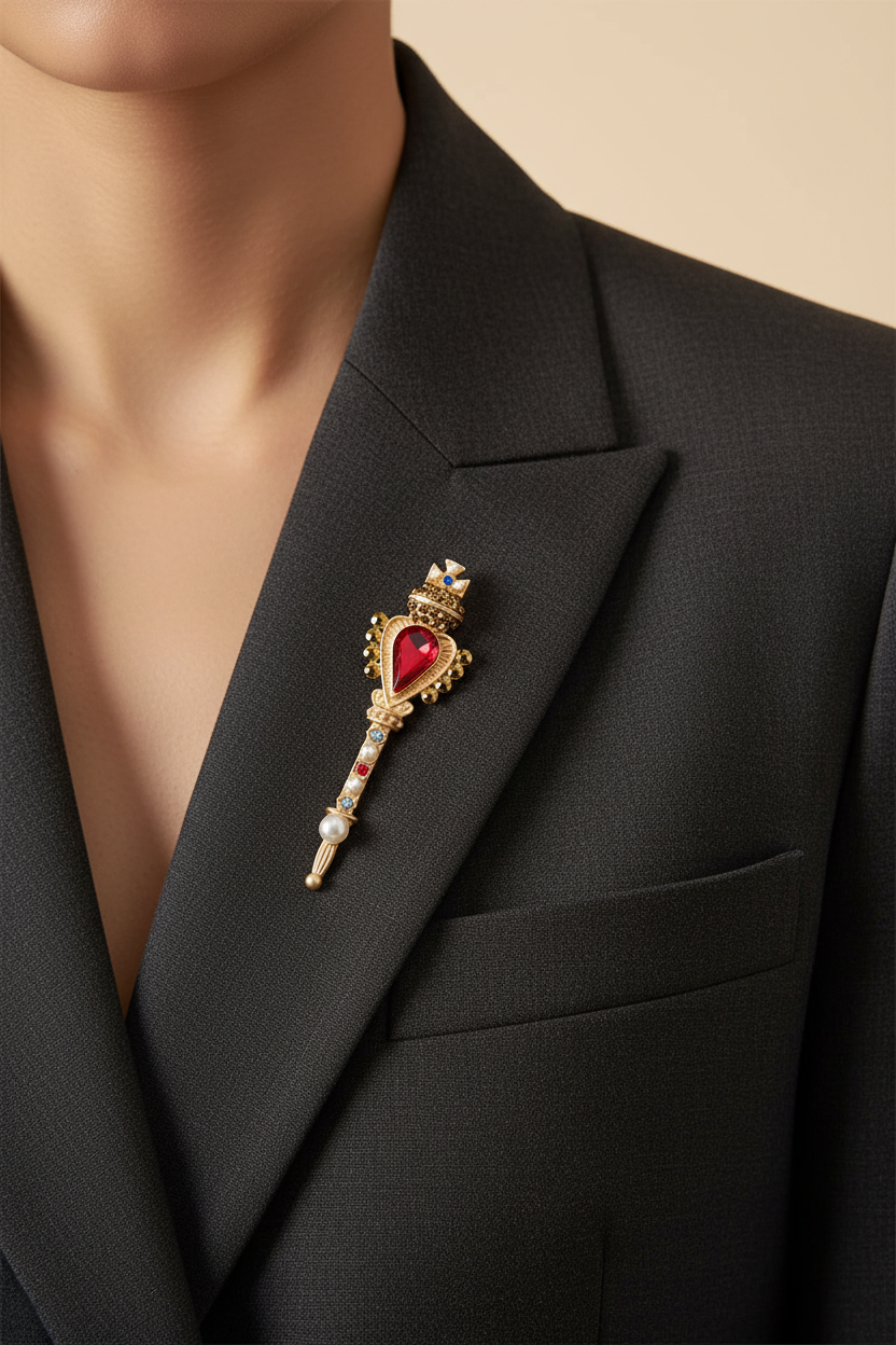 Red heart crown brooch styled on a black blazer