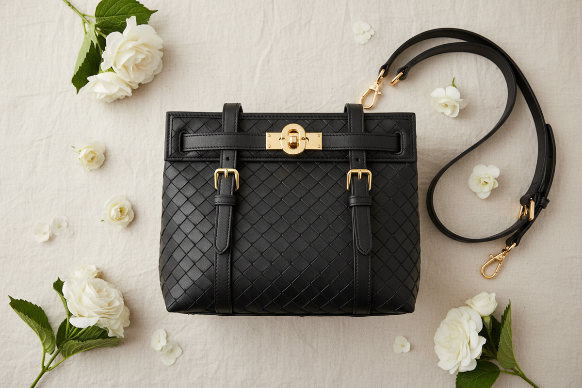 Noir woven tote flat lay with white flowers