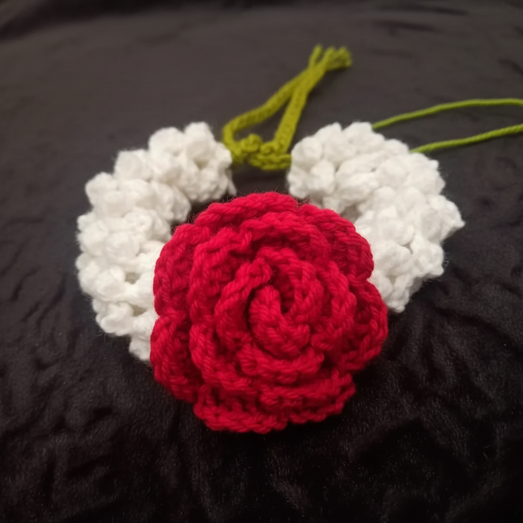 Close detail of the red crochet rose and white crochet flowers on a handmade gajra bracelet