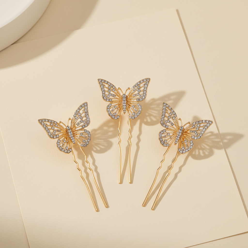 Three golden butterfly hair pins with crystal-style details on an ivory background