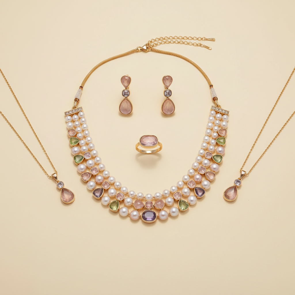 Multicolour pearl stone necklace set arranged on a warm ivory studio background