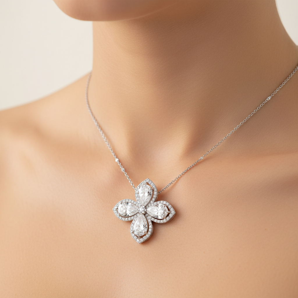 Pear-Cut Flower Pendant Necklace on neckline – editorial shot