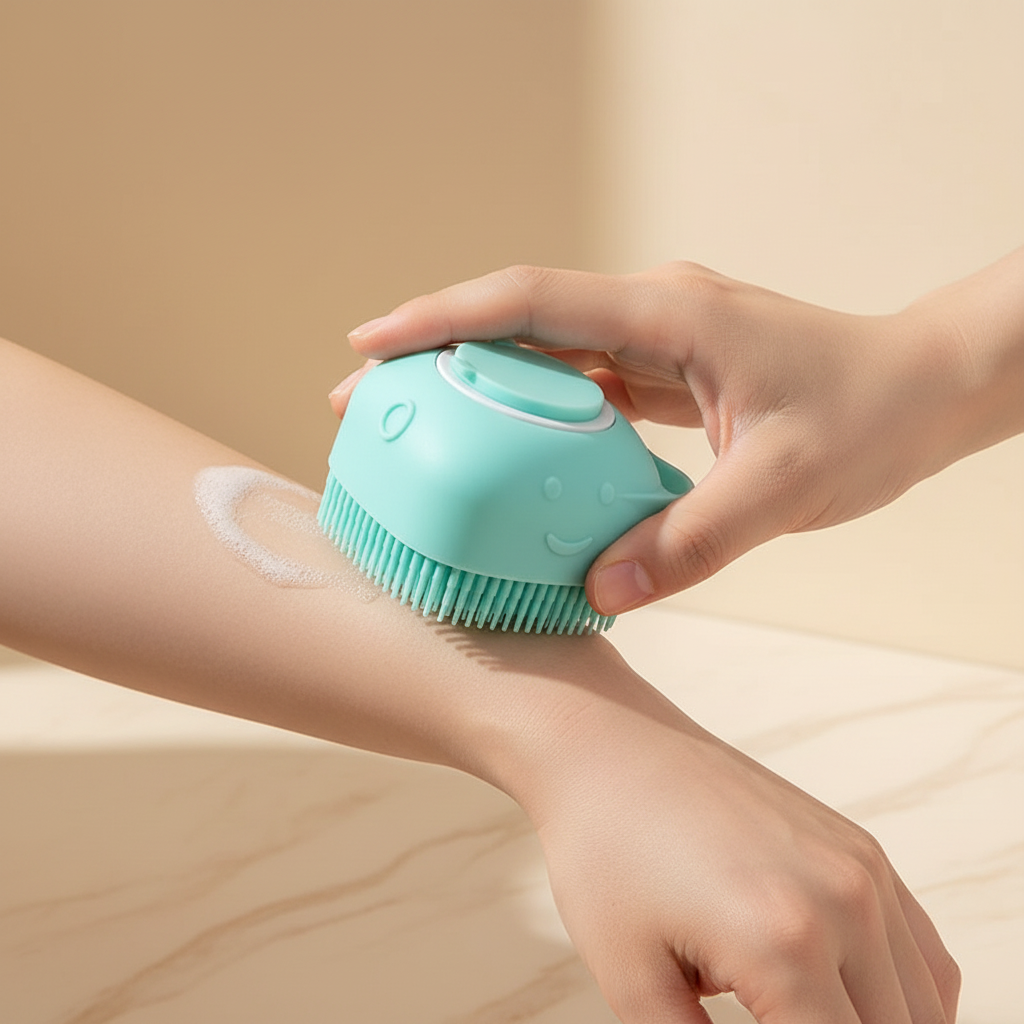 Aqua silicone bath and scalp brush being used with lather on a forearm