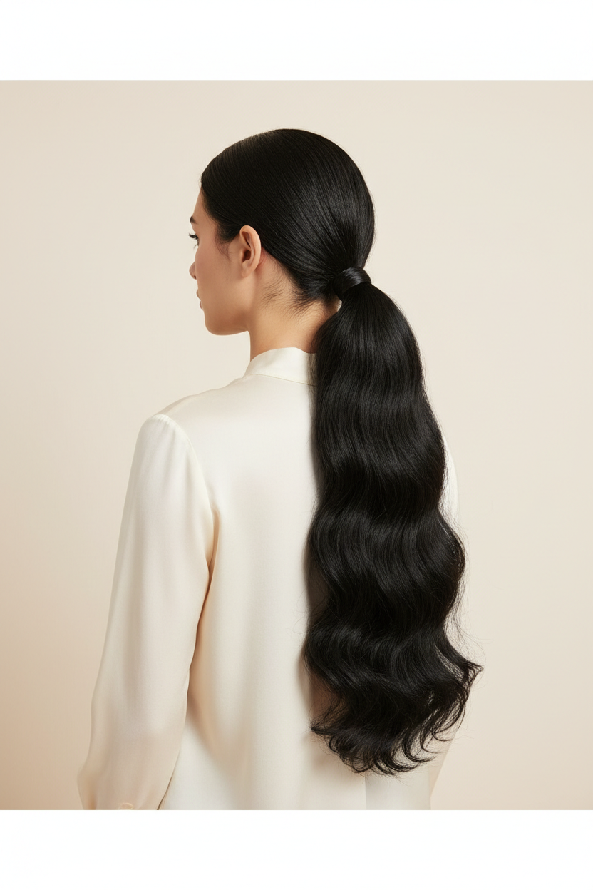 Woman wearing a black wavy claw clip ponytail extension with a warm ivory blouse