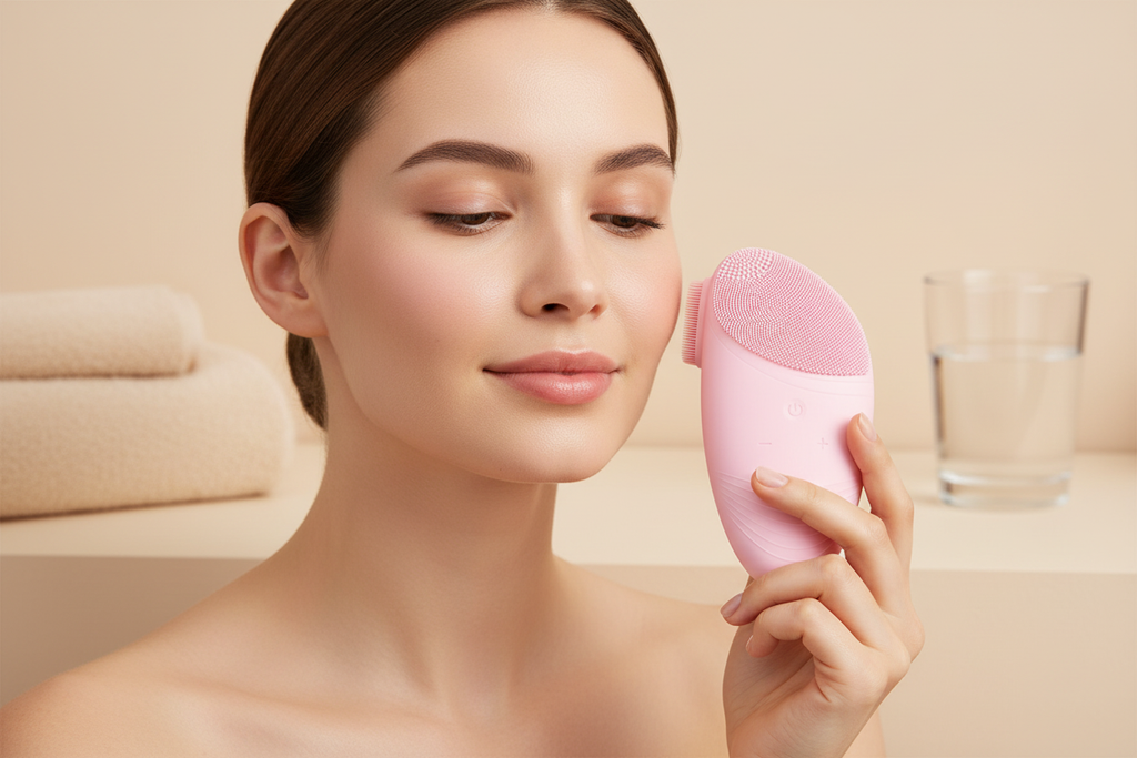 Woman using a pink silicone facial cleansing brush in a calm skincare routine