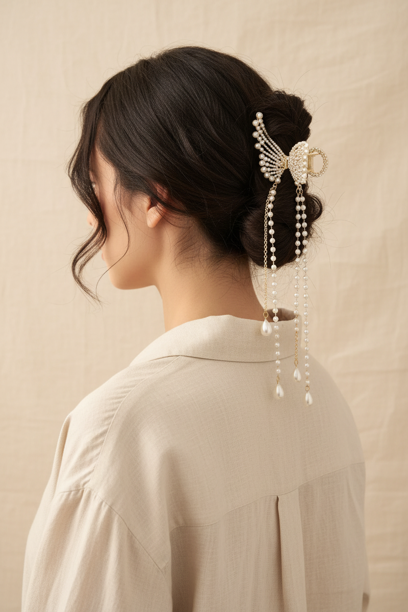 Butterfly hair claw with pearl tassels worn in a soft twisted updo