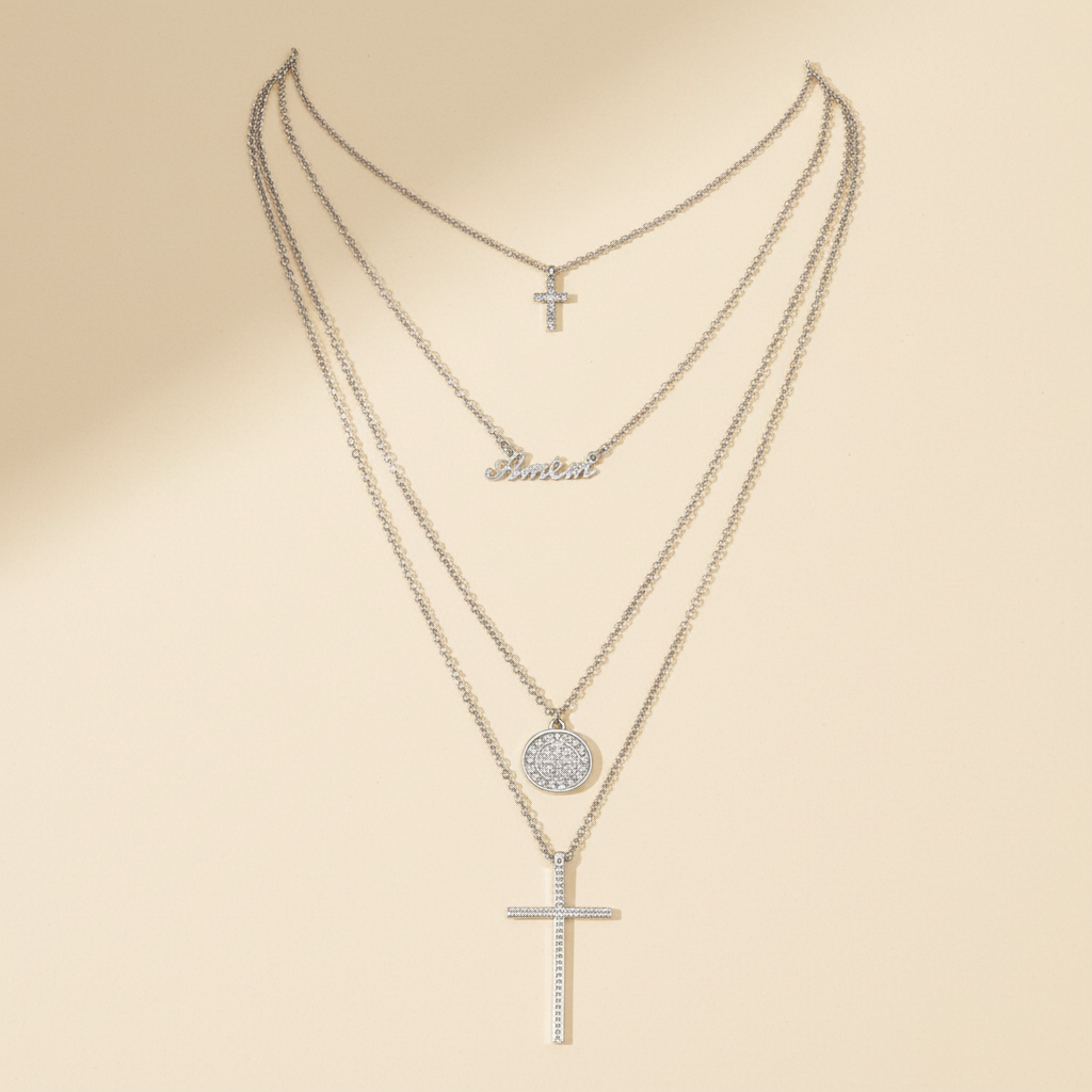 Silver-tone layered cross pendant necklace with Amour charm and medallion on a warm ivory background