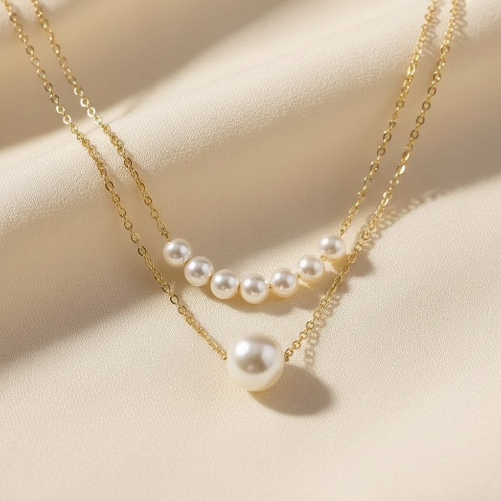 Close detail of white pearls and gold-tone chain on a two-layer necklace