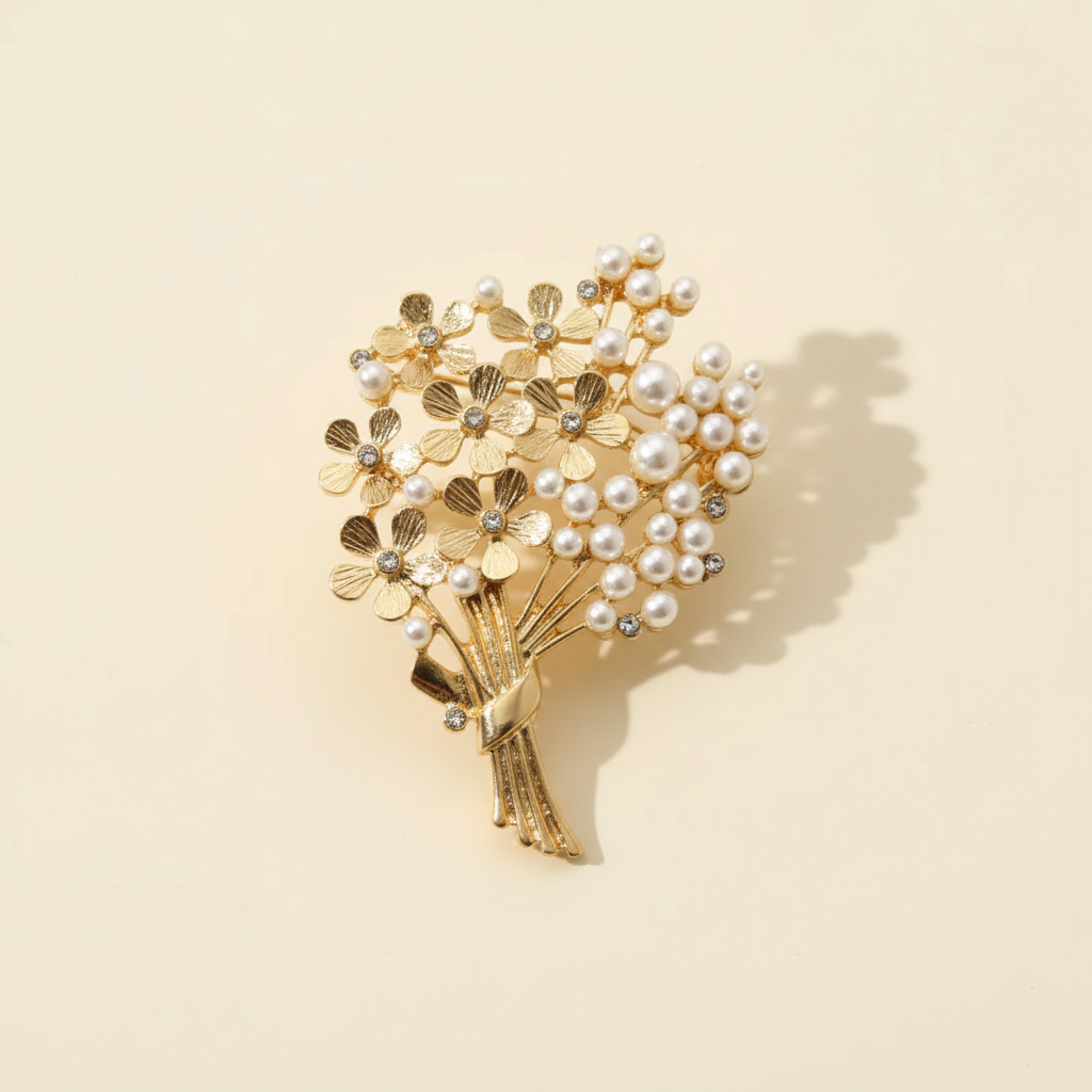 Pearl floral bouquet brooch with textured gold-tone flowers on a warm ivory background