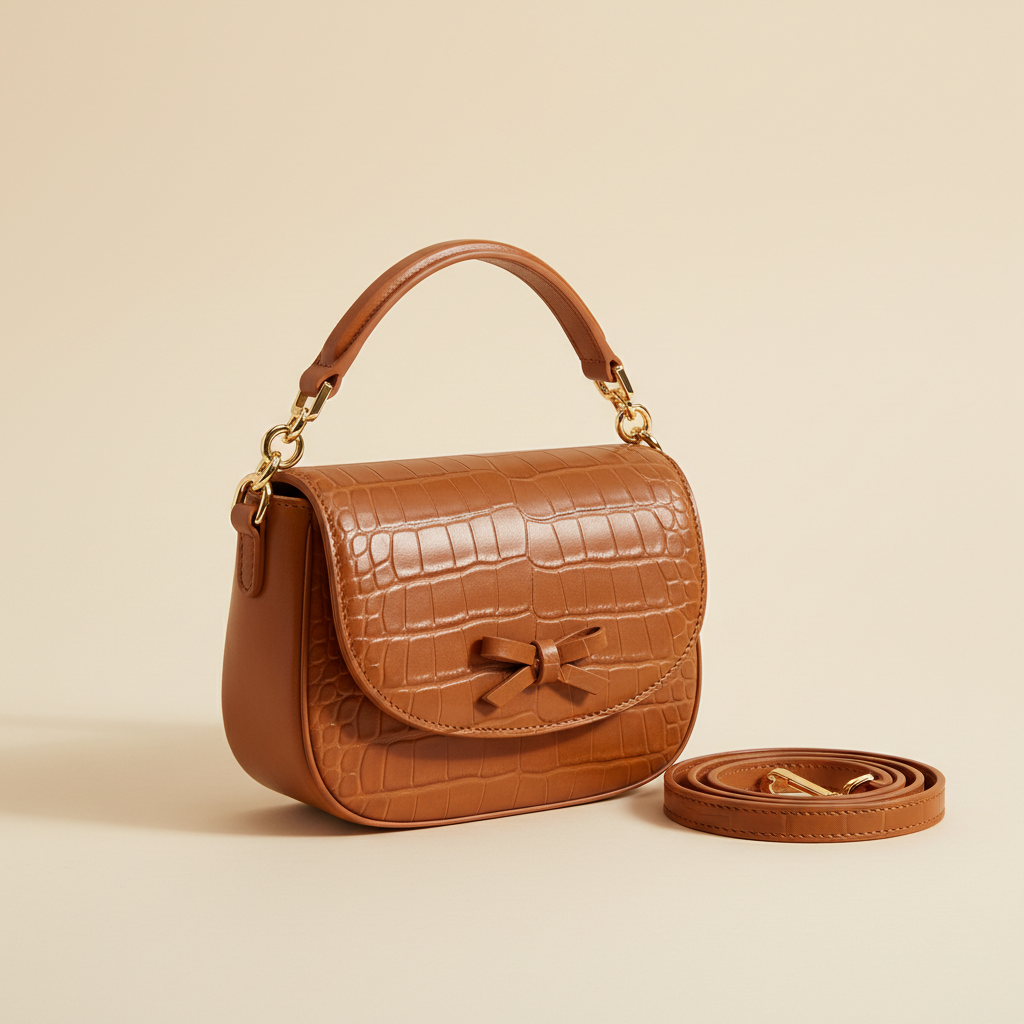 Honey brown leather bow shoulder bag on a warm ivory background