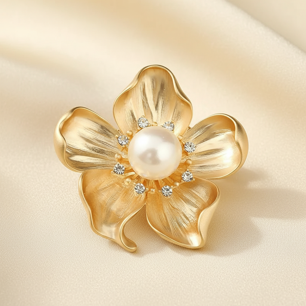 Close detail of a muted gold pearl and crystal flower brooch on warm ivory fabric