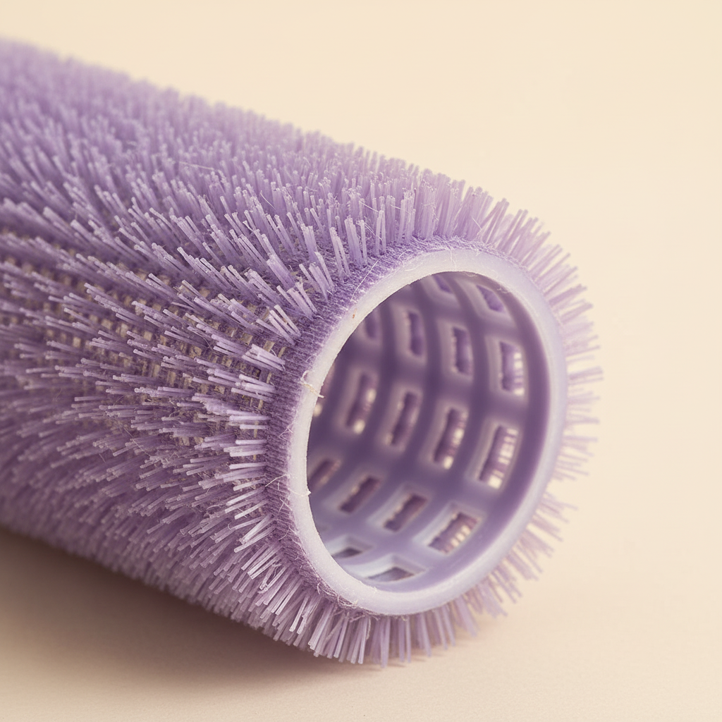 Close-up detail of the textured grip surface and vented core of a self-grip hair curling roller