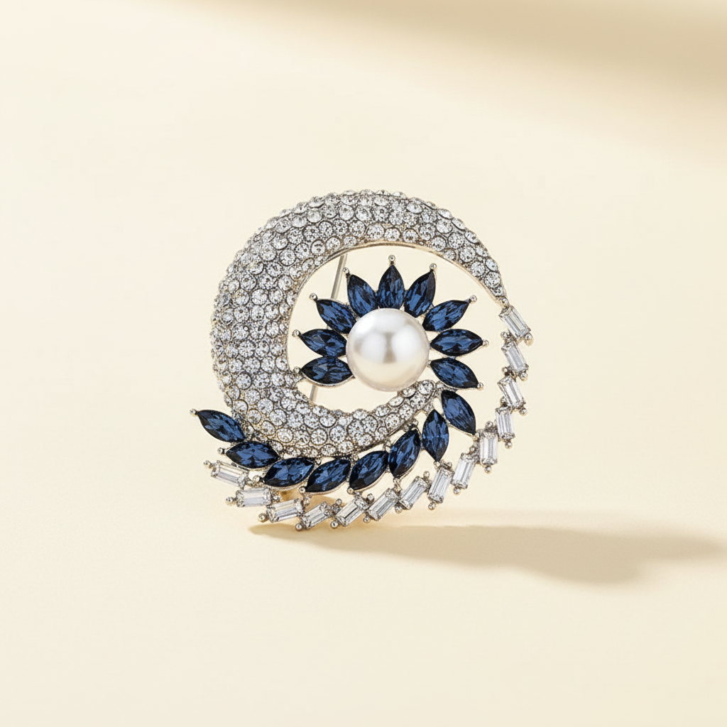 Pearl and blue crystal floral brooch on a warm ivory background