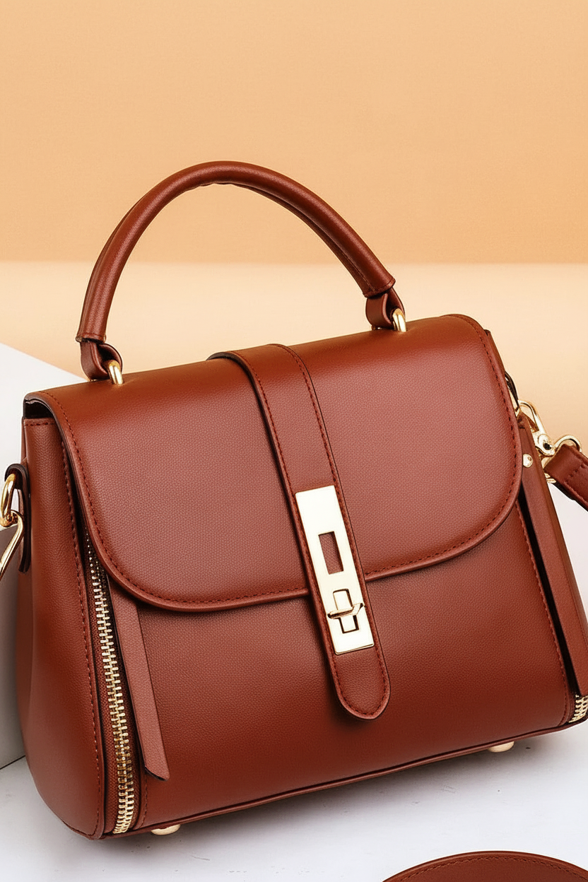 Close-up of the mustard leather shoulder bag handle and front flap