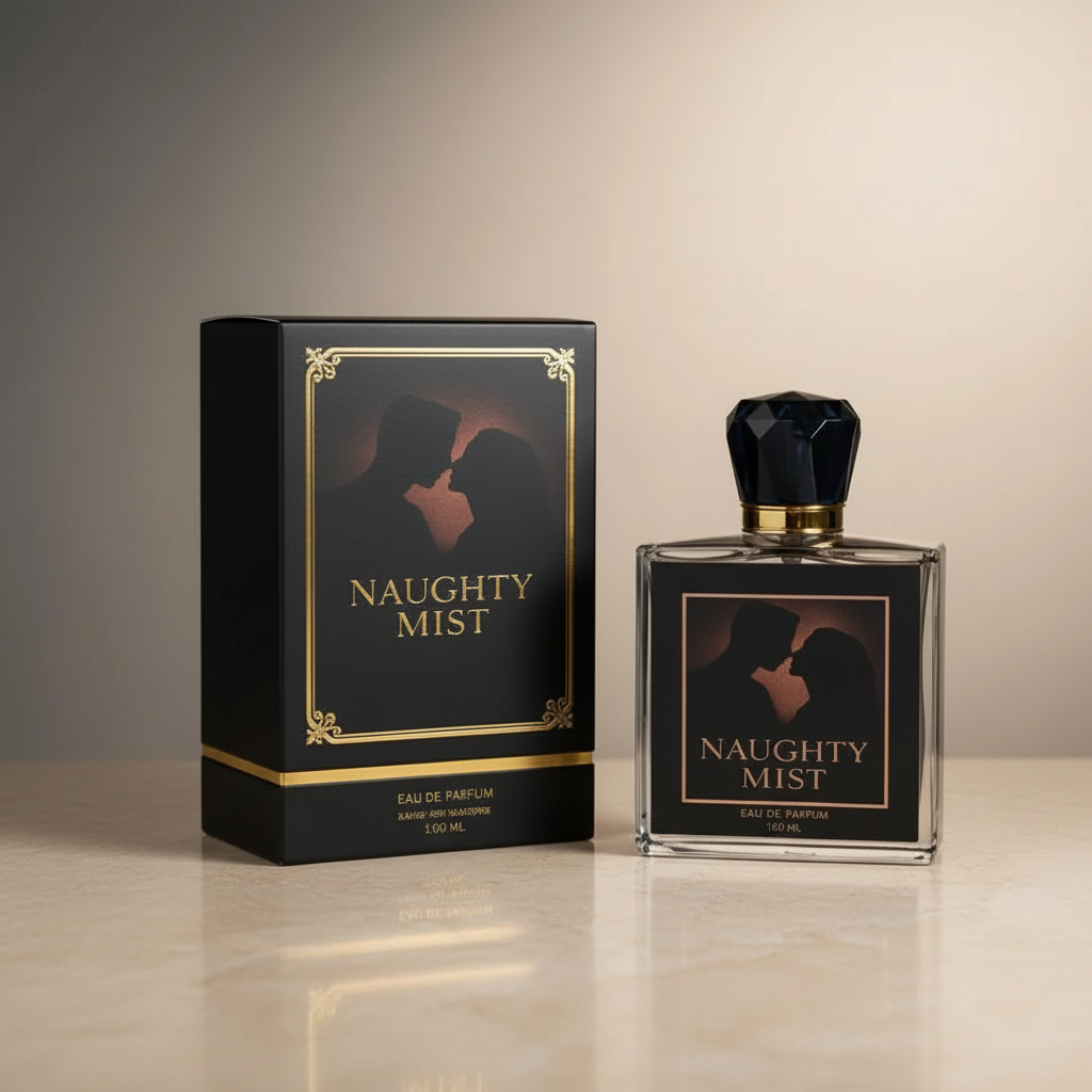 Naughty Mist 100 ml unisex fruity Eau de Parfum in a black bottle with matching box on a warm ivory background