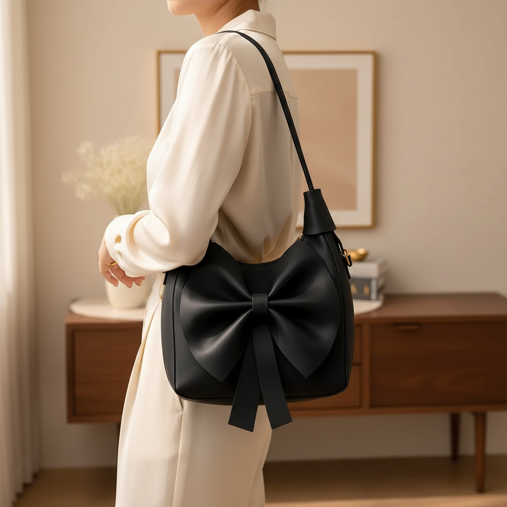 Black leather bow shoulder bag worn with an ivory outfit