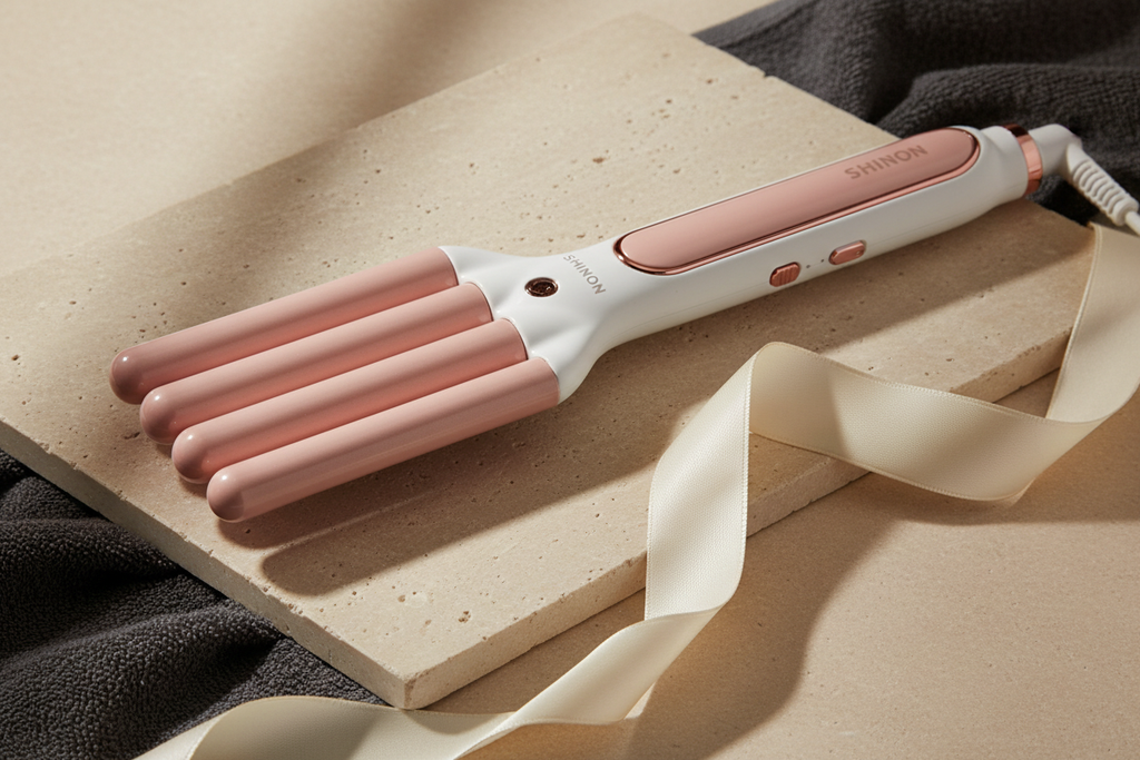 SHINON 5-barrel hair waver styled on a warm ivory surface with soft editorial lighting