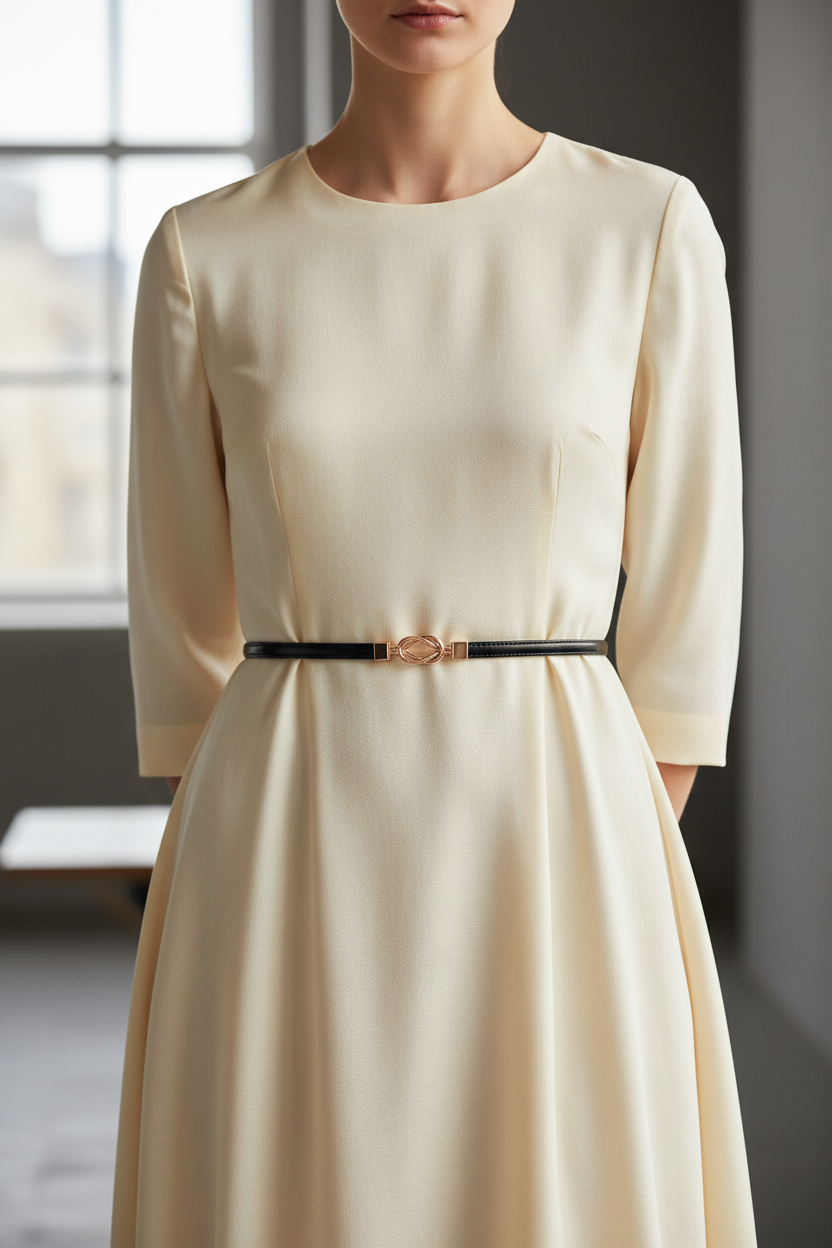Slim black leather women’s waist belt styled over an ivory dress