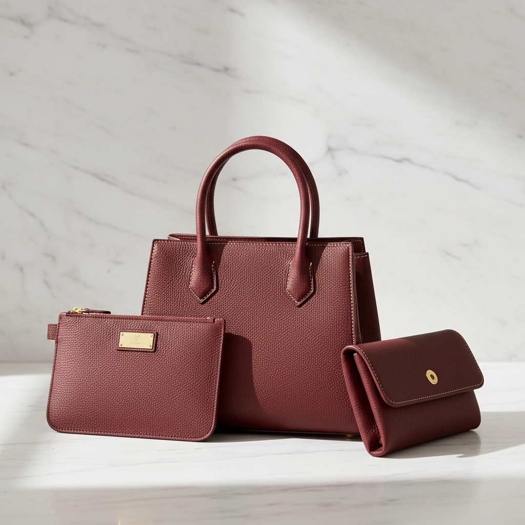 Maroon leather 3-piece women's handbag set including top-handle bag, pouch and clutch