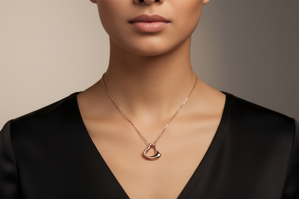 Rose gold stainless steel open heart pendant necklace worn with a black neckline