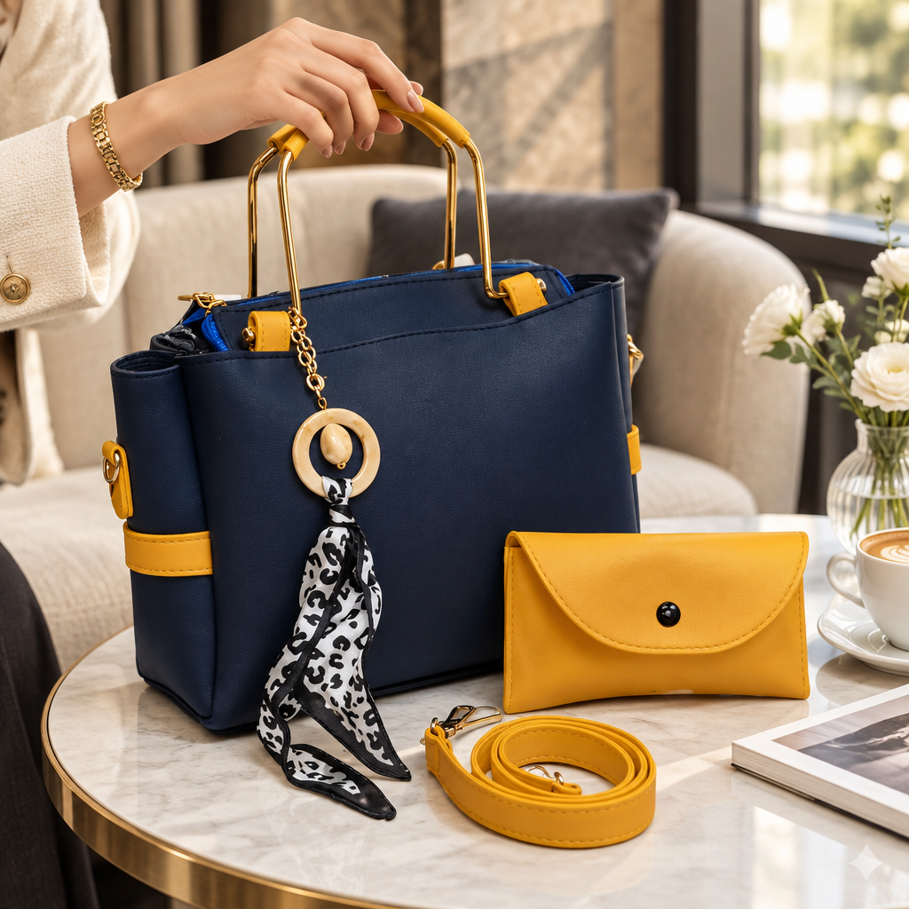 Navy and mustard handbag set styled on a bright café table with coordinating pouch, strap and scarf accent