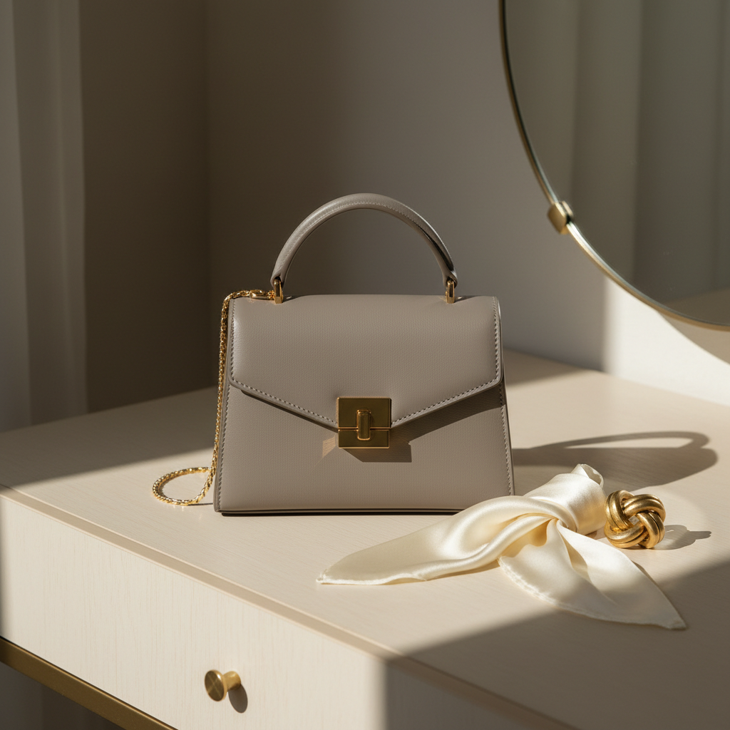 Grey leather flap handbag styled on an ivory dressing table with soft light