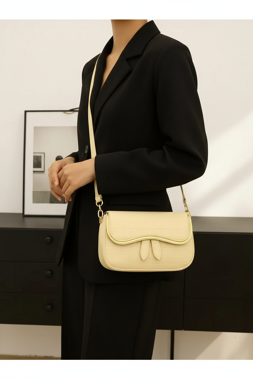Woman wearing a beige leather shoulder bag with bow detail and chain strap