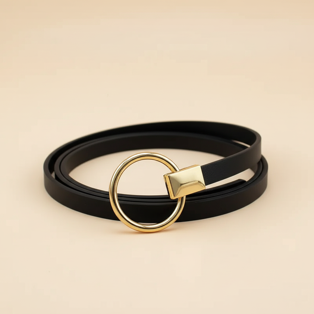 Slim black leather belt with polished gold ring buckle coiled on a warm ivory background
