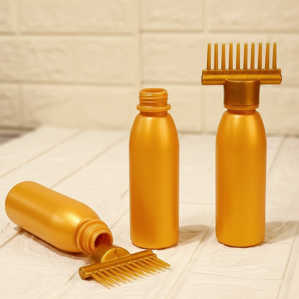Close detail of the gold hair oil applicator bottle and wide-tooth comb cap