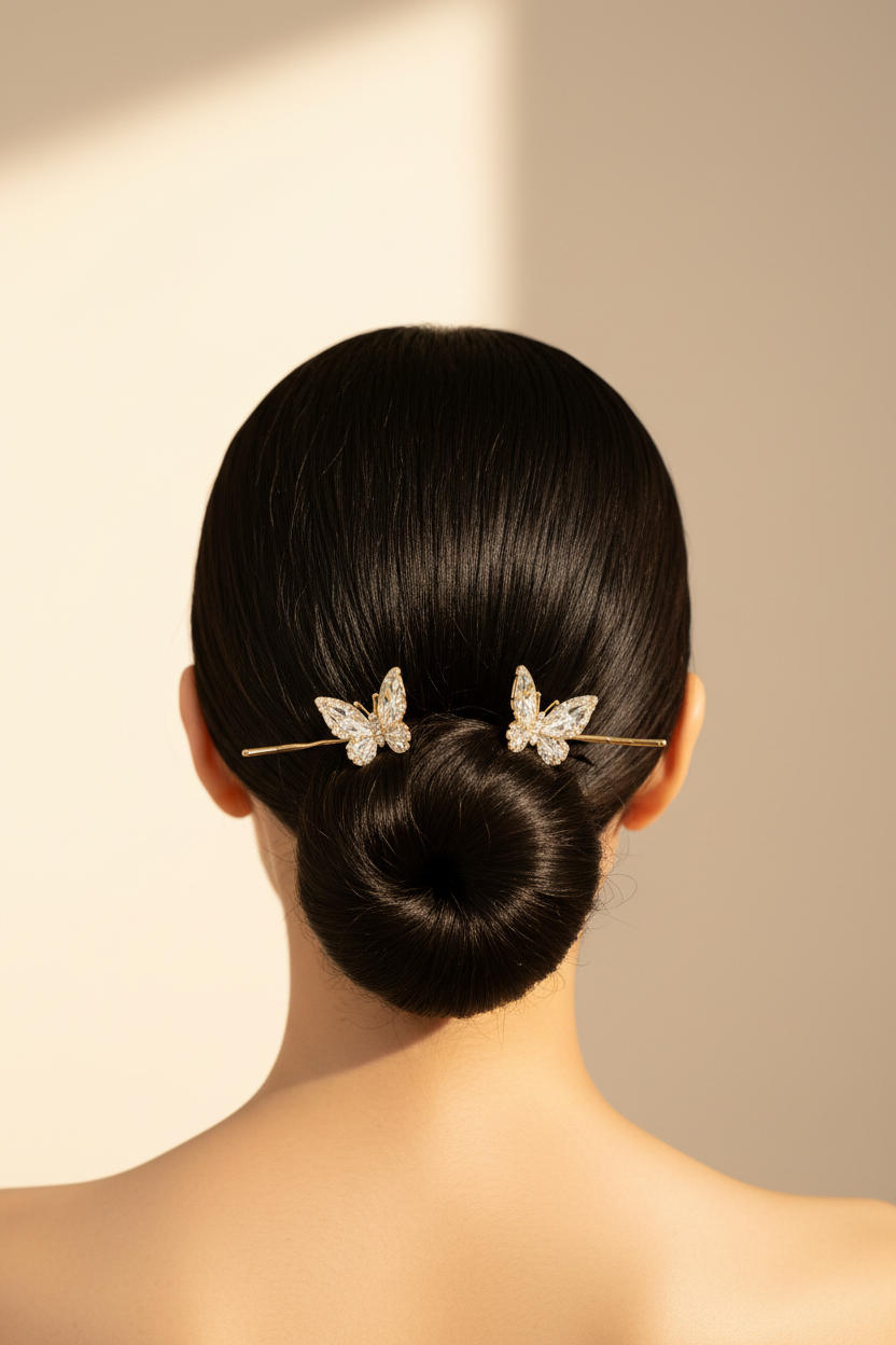 Golden butterfly hair pins styled in a sleek low bun