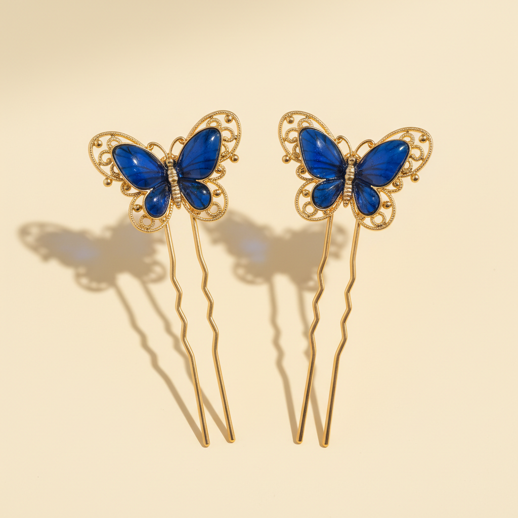 Pair of blue resin butterfly hair pins with gold-tone metal on a warm ivory background