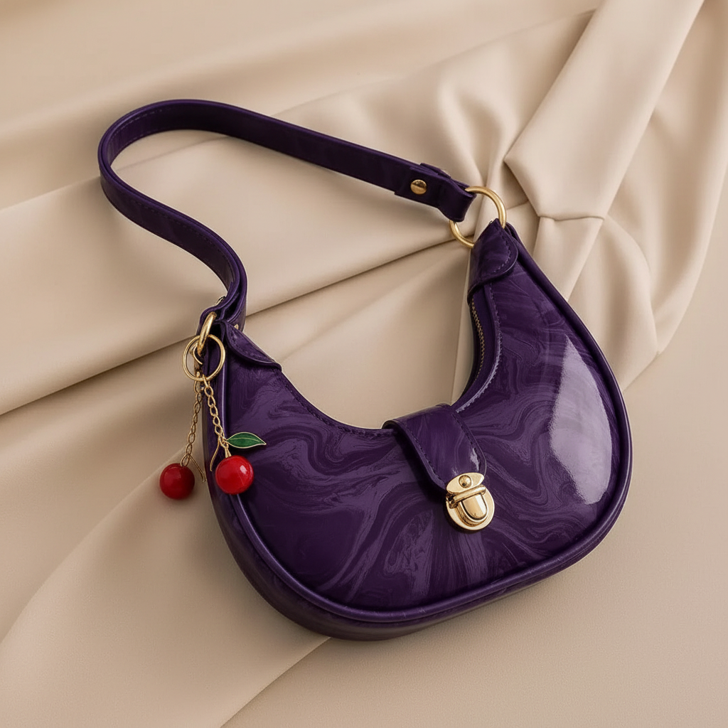 Close detail of a purple printed leather crescent shoulder bag showing the gold-tone clasp, strap hardware, and cherry charms