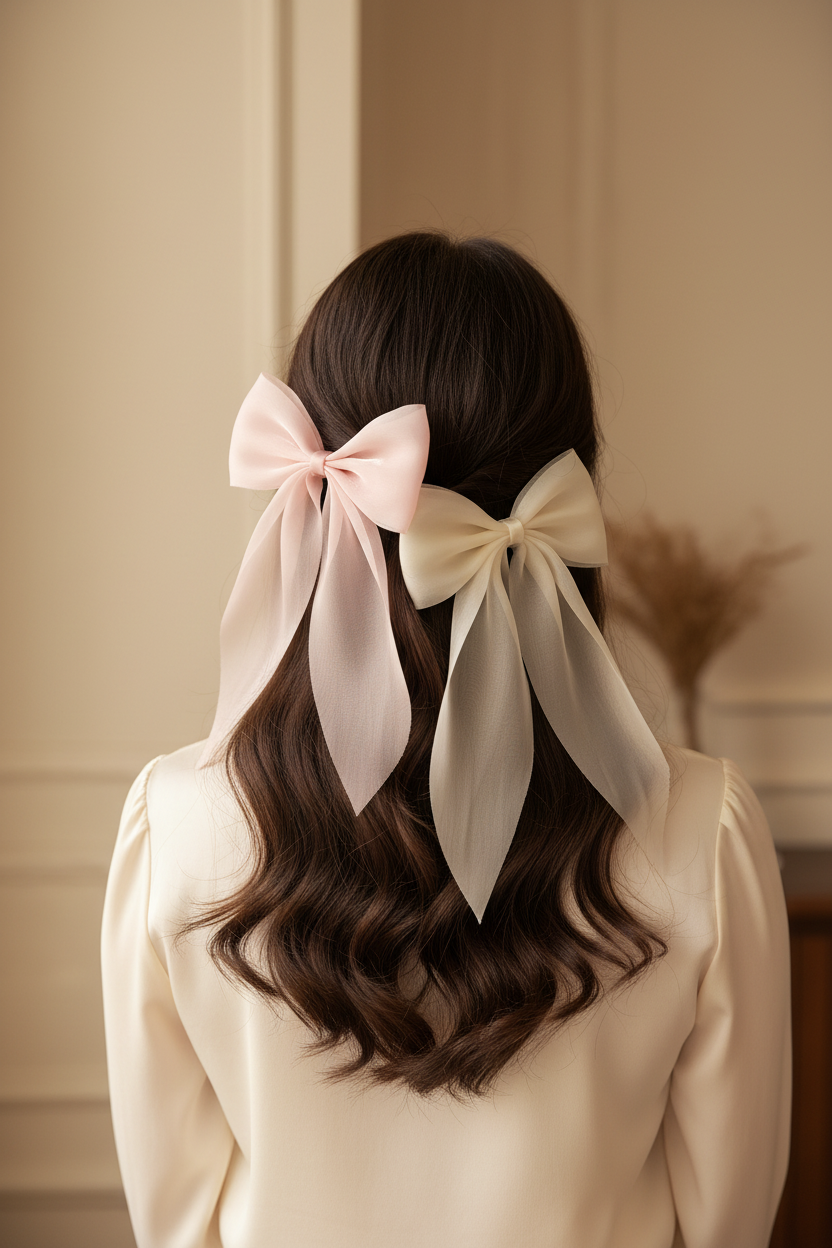 Blush pink and off-white bow hair pins styled in dark hair