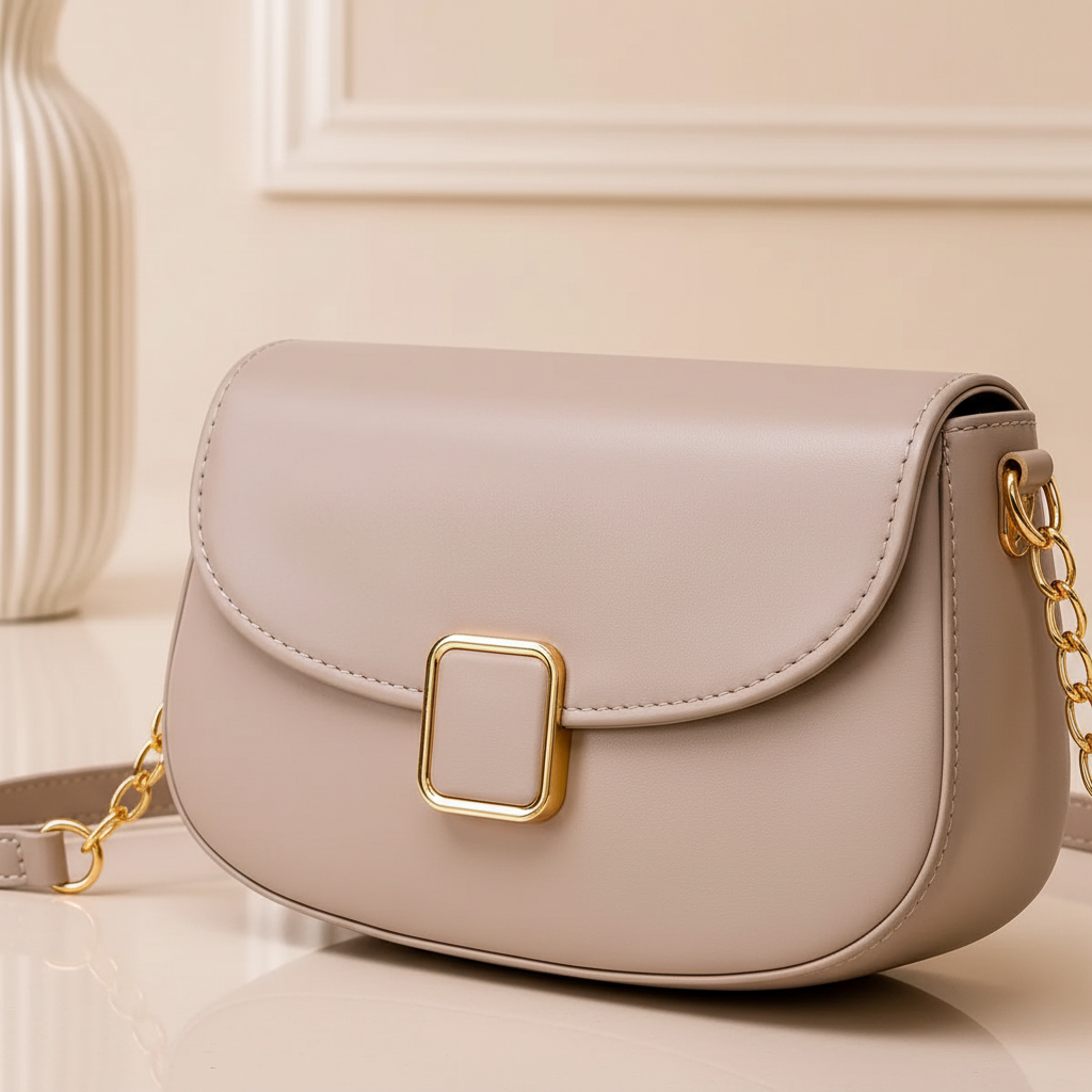 Close-up of beige leather shoulder bag clasp, stitching and gold-tone chain connection
