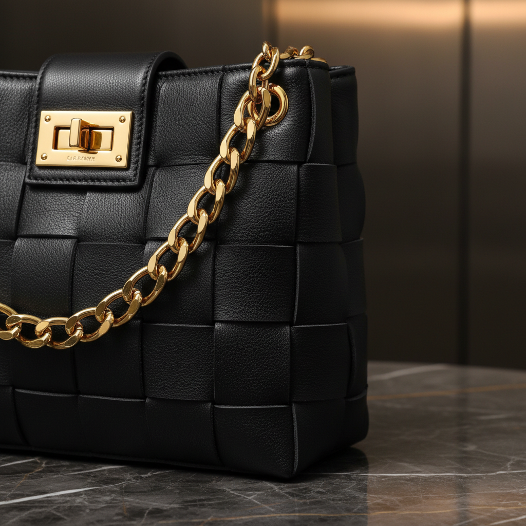 Noir woven tote close-up detail on dark marble