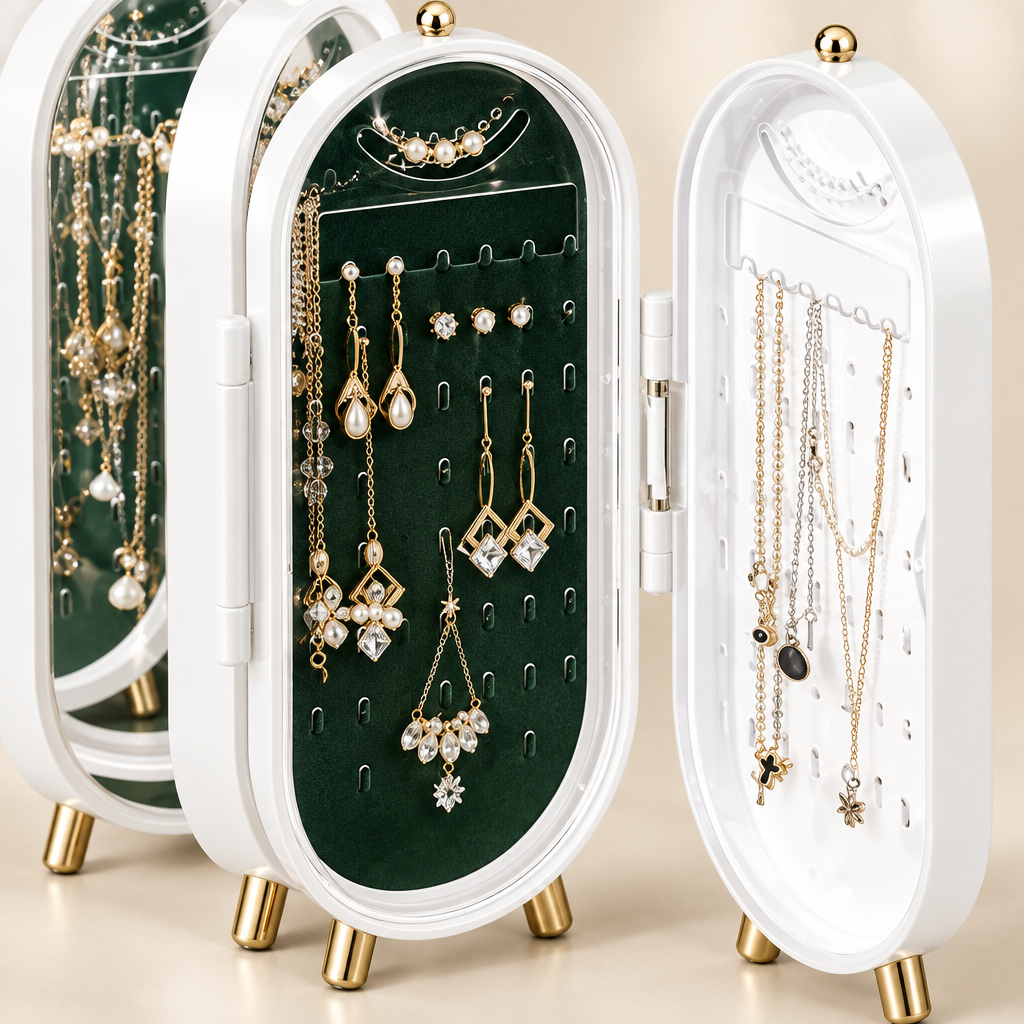 Close view of green jewellery display panel and white folding frame