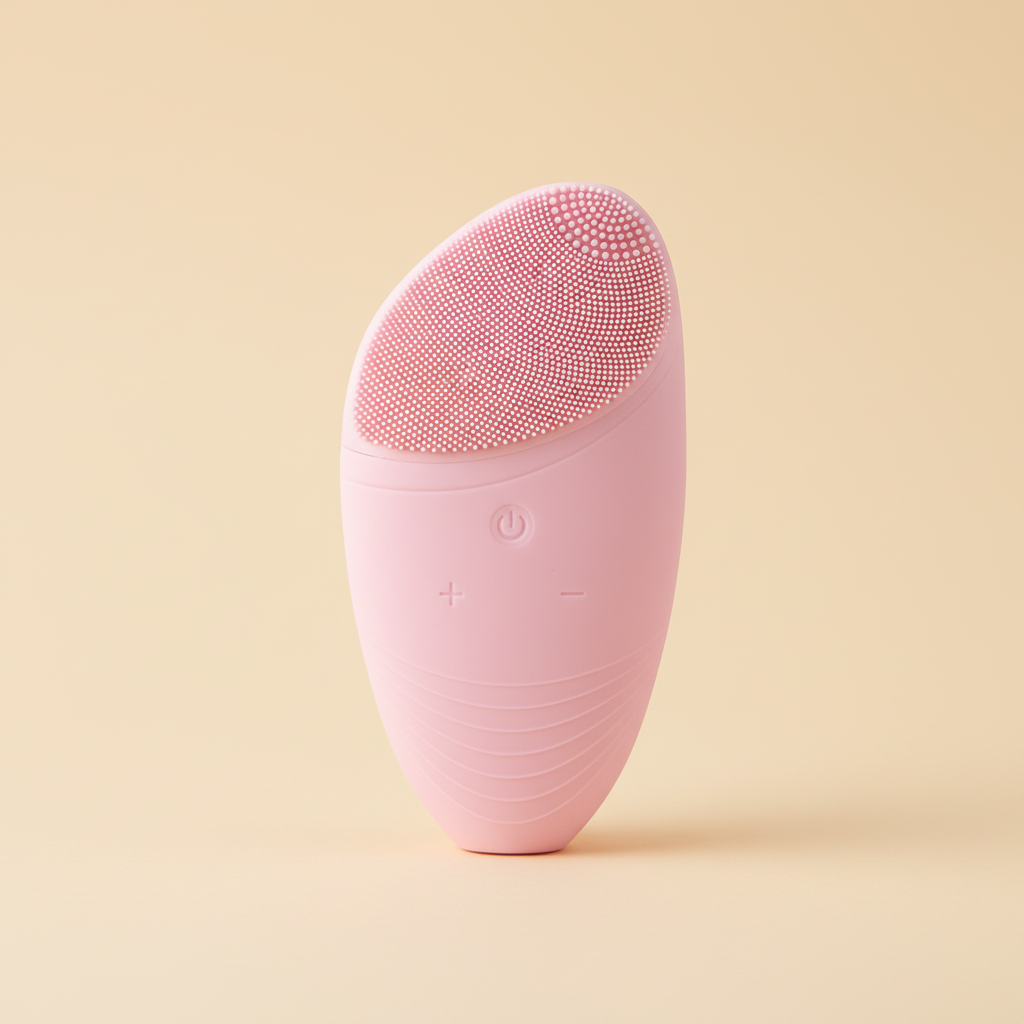 Rechargeable pink silicone facial cleansing brush standing on a warm ivory background