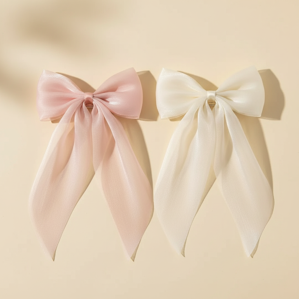 Blush pink and off-white oversized bow hair pins on a warm ivory background