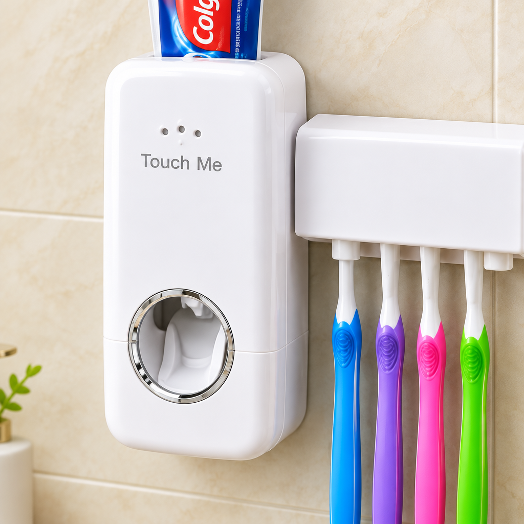 Close-up of the white toothpaste dispenser chrome-ring opening and integrated toothbrush holder
