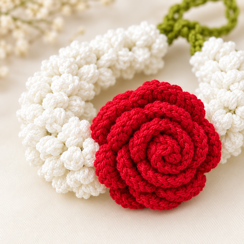 Close-up detail of crochet floral gajra bracelet stitching