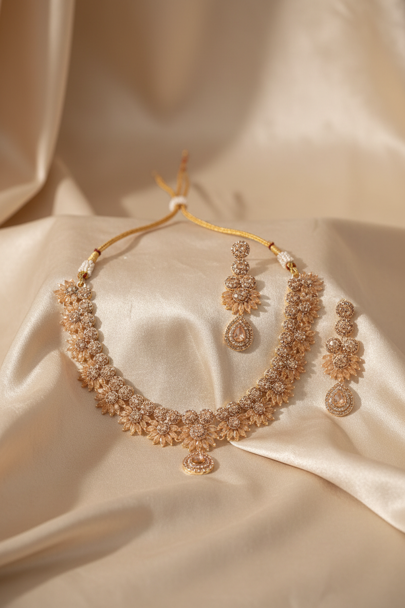 Gold-plated crystal bridal jewelry set with floral necklace and matching earrings styled on ivory fabric