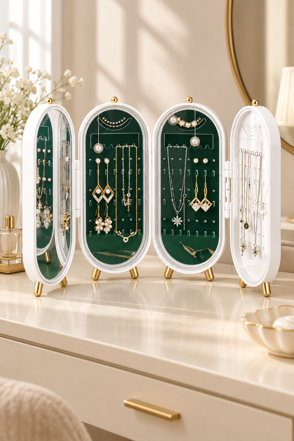 Green and white folding jewellery organizer styled on a dressing table