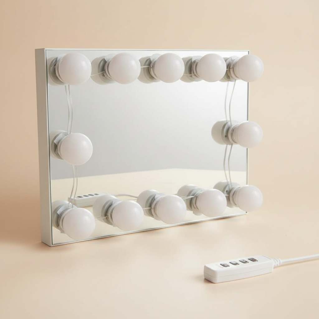 Rechargeable LED vanity mirror light kit arranged around a rectangular mirror with inline controller