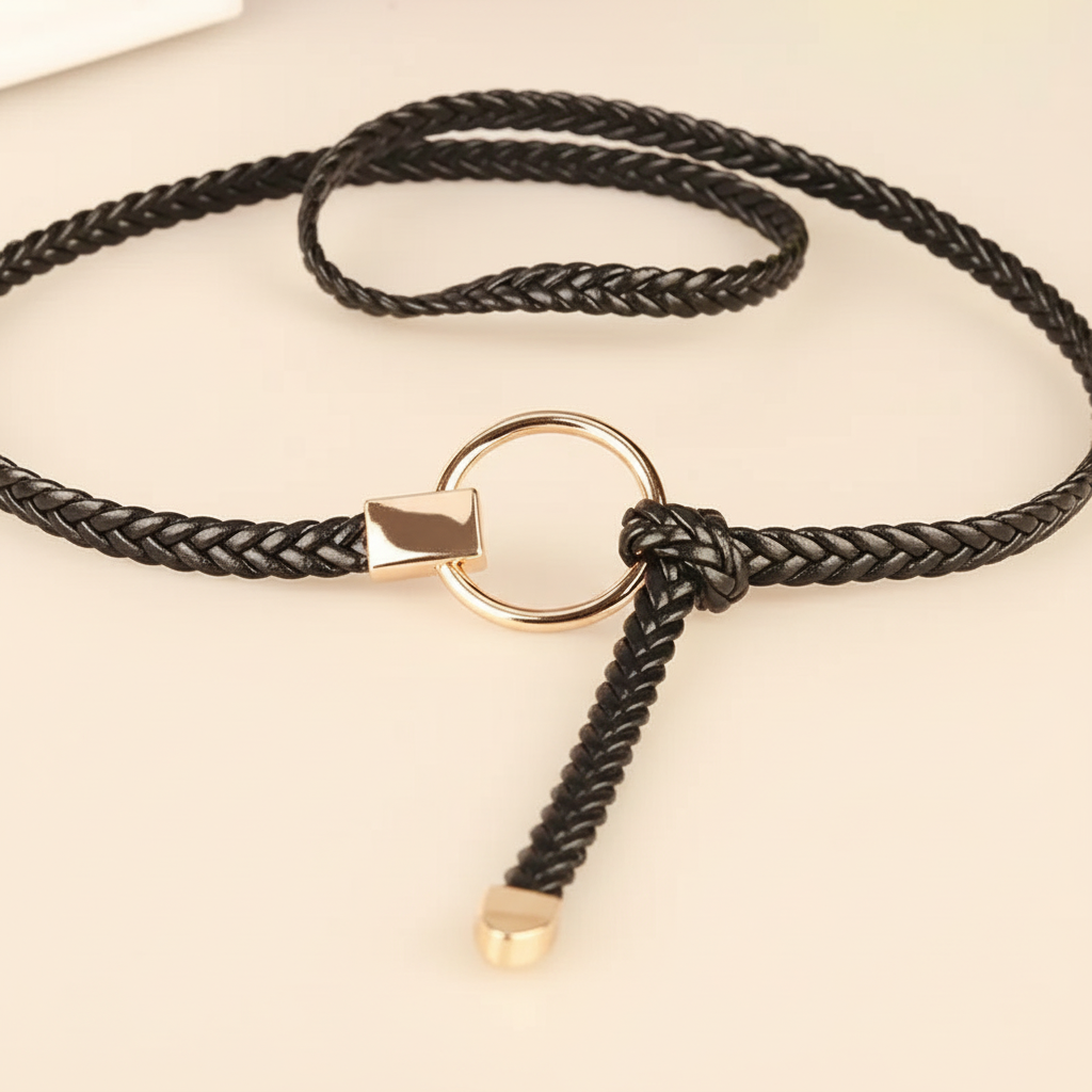 Close-up of the gold-tone O-ring closure and hand-woven braided texture of the slim black belt