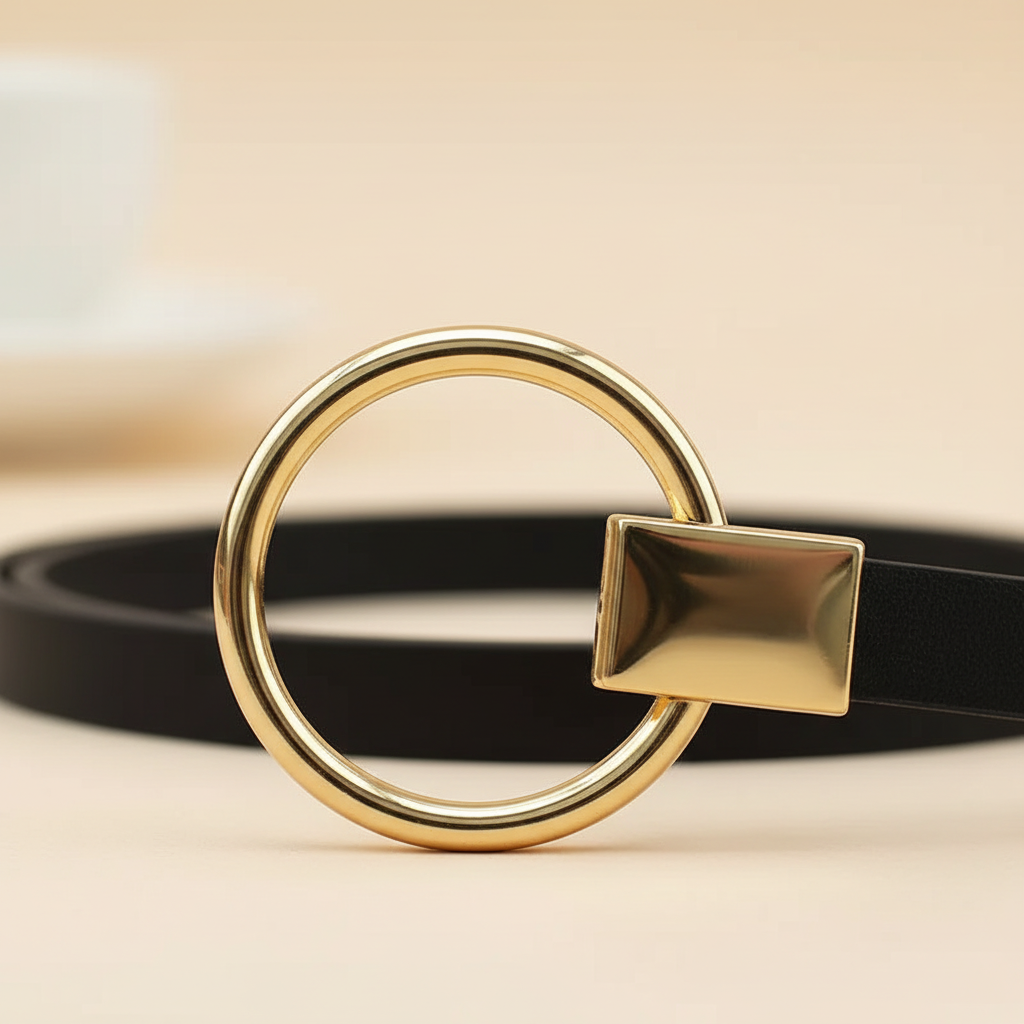 Close-up of the polished gold ring buckle and rectangular loop on the black leather strap