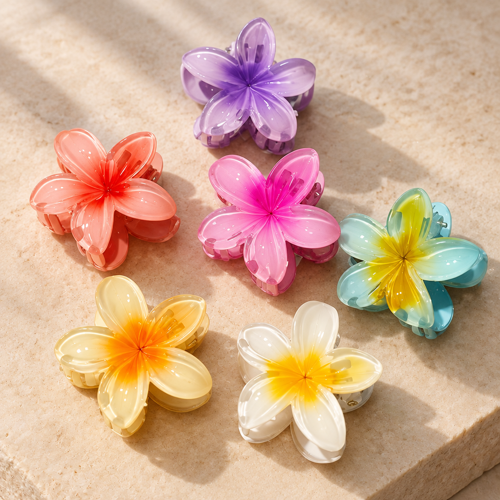 Six multicolour translucent flower hair claw clips arranged on warm ivory stone