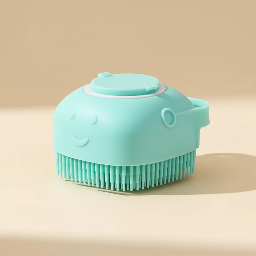 Close detail of the aqua silicone bath and scalp brush bristles, refill lid and hanging loop